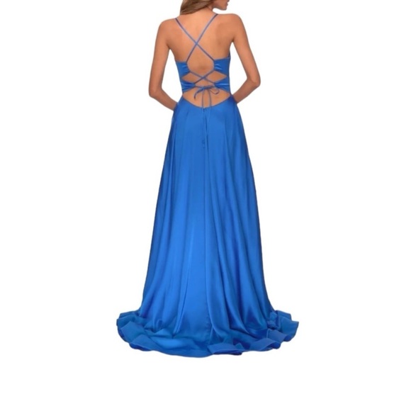 La Femme 28571 Royal Satin Blue Faux Wrap Strappy Back Gown Size 4 NWT - Picture 3 of 6